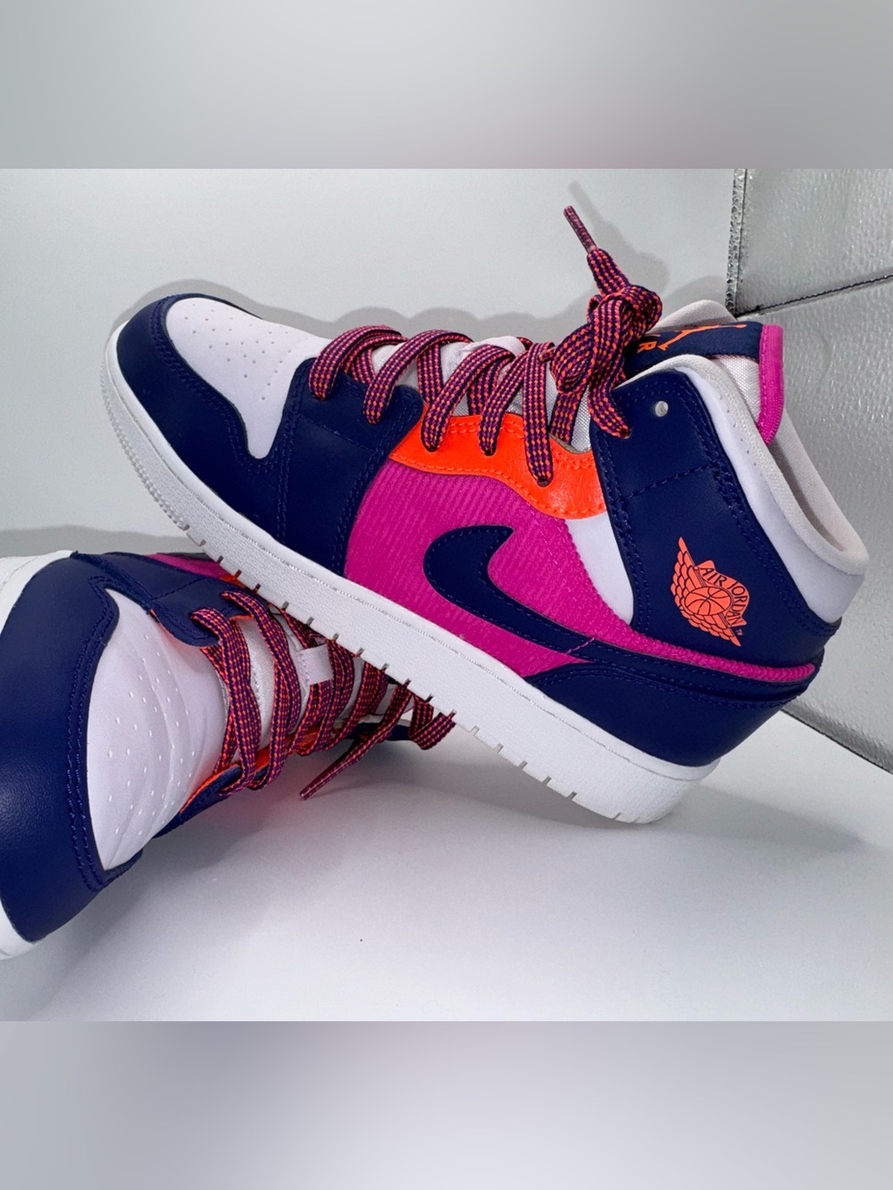 Air Jordan 1 Mid GS Hyper Pink Navy Orange Corduroy Sneakers Women 7/Y5.5